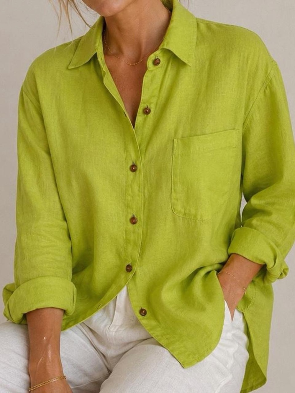 Magaschoni 100% Linen Lime Green Button Up Shirt Medium Coastal Resort Tropical